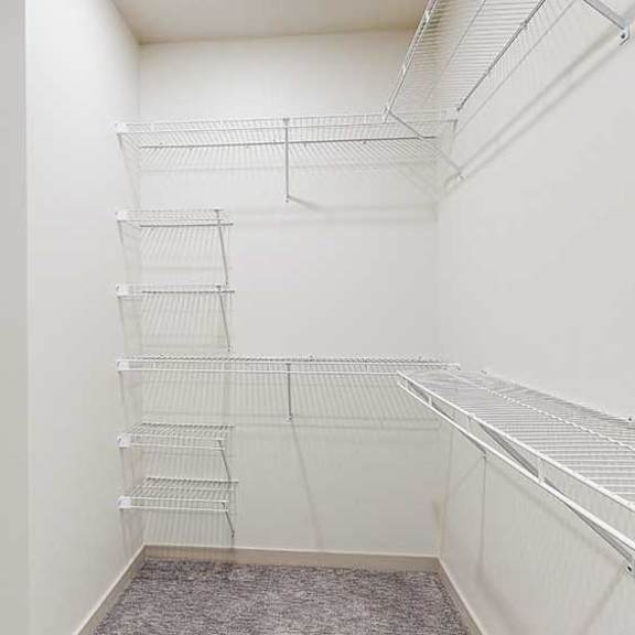 Thumbnail 21 of 30 a walk-in closet with built-in wire shelving and hanging space