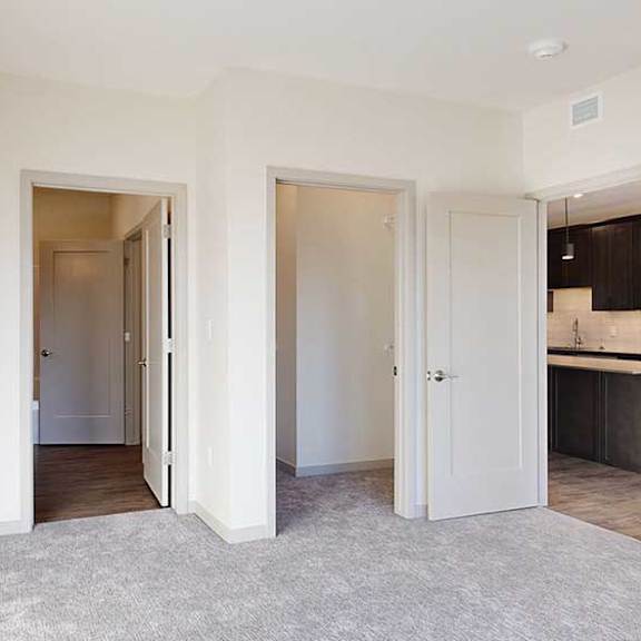 Thumbnail 28 of 30 a bedroom with carpeted flooring, a walk-in closet, an attached bathroom, and a door to the living room