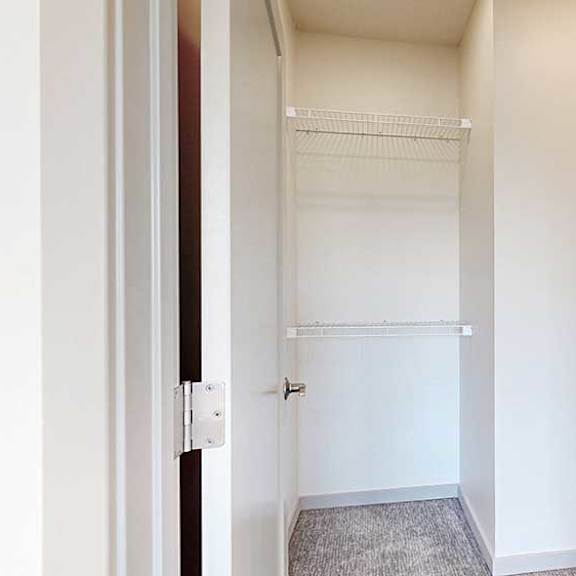 Thumbnail 30 of 30 an L-shaped walk-in closet with built-in wire shelving and hanging space