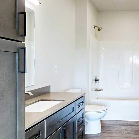 Thumbnail 27 of 30 a bathroom with a quartz vanity sink, a shower tub, and doors to both the hallway and the second bedroom