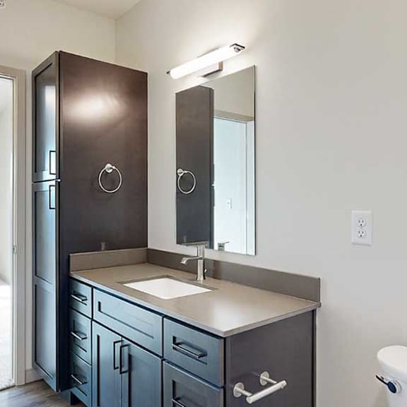 Thumbnail 26 of 30 a bathroom with a quartz vanity sink, mirror, and a tall storage cabinet