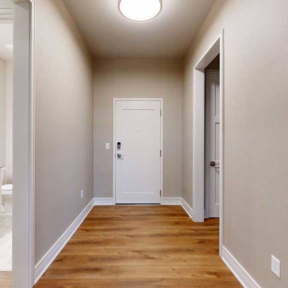 Thumbnail 3 of 46 A hallway leading from the front door to the hallway bathroom and closet.