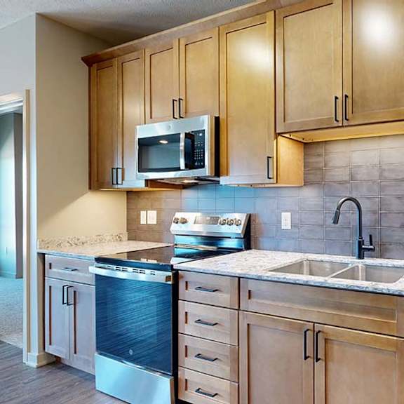 Thumbnail 32 of 46 Modern apartment kitchen with wood cabinetry, quartz-style countertops, a tile backsplash, stainless steel appliances, and a double-basin sink beneath under-cabinet lighting.