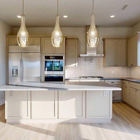 Thumbnail 5 of 41 A gourmet kitchen with an oversized island, taupe wooden cabinetry, stainless steel commercial appliances, quartz countertops, a range hood, a tile backsplash, and pendant lighting.