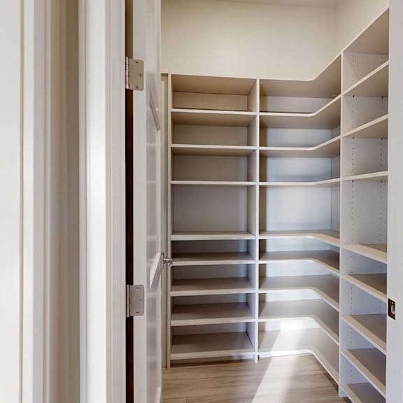 Thumbnail 3 of 41 A walk-in pantry with several rows of built-in shelves.
