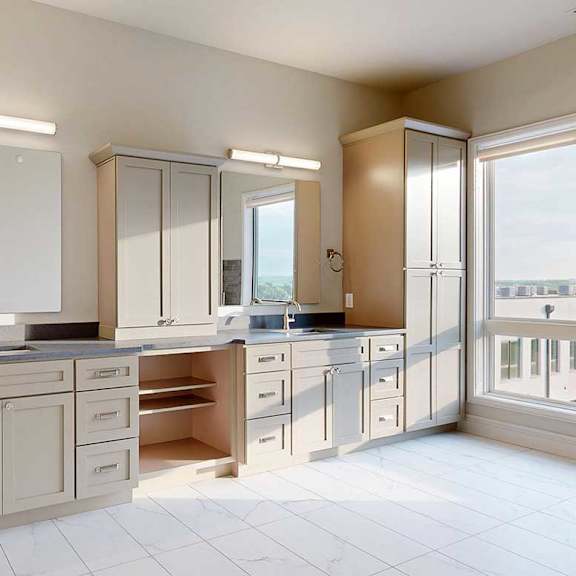 Thumbnail 35 of 41 A spacious ensuite bathroom featuring a quartz double vanity with taupe cabinetry, a tall storage cabinet, and tiled flooring.