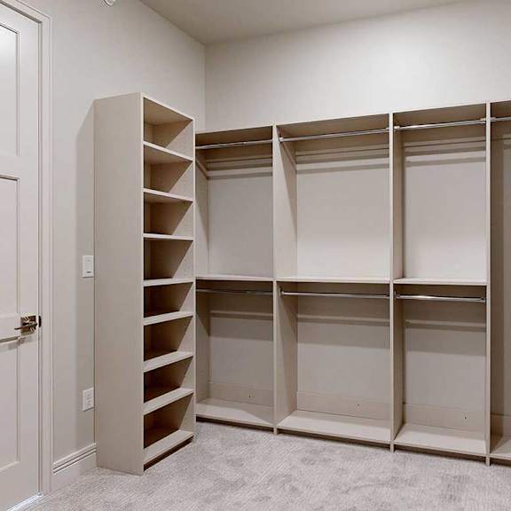 Thumbnail 41 of 41 An oversized, boutique-style walk-in closet with built-in drawers and shelves.