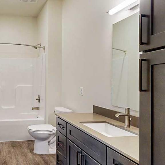 Thumbnail 24 of 26 a bathroom with a quartz vanity sink and a combination shower and bathtub