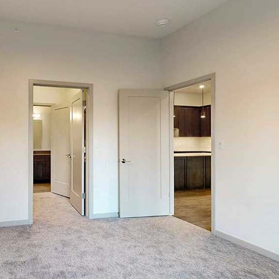 Thumbnail 18 of 26 a bedroom with white walls and carpeted floor with two open doors