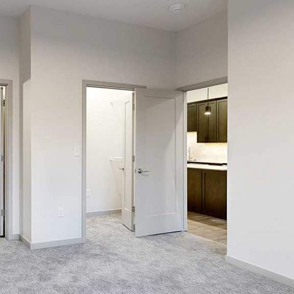 Thumbnail 19 of 25 a bedroom with carpeted flooring, attached bathroom, and walk-in closet