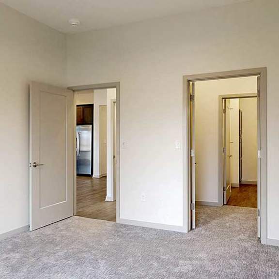 Thumbnail 25 of 33 a bedroom with a walk-through closet to the attached bathroom and a door to the living room
