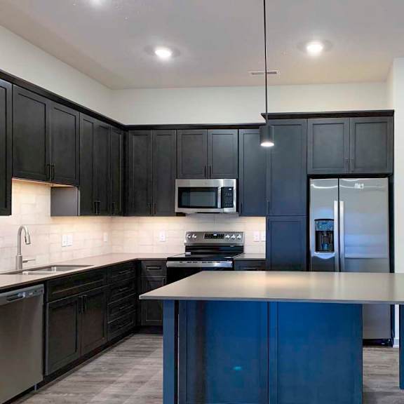 Thumbnail 4 of 29 a modern kitchen with dark cabinets, quartz countertops, a large island, and stainless steel appliances