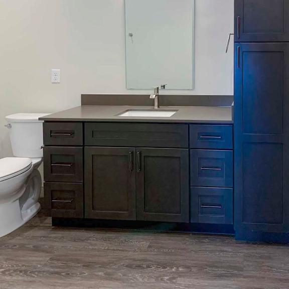 Thumbnail 21 of 29 a bathroom with a wide quartz countertop vanity sink, a tall storage cabinet, and a tall mirror with overhead lighting