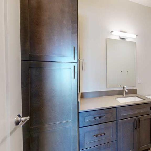 Thumbnail 19 of 21 A bathroom with dark wooden cabinets, a quartz vanity sink, a tall storage cabinet, mirror with overhead lighting, and tub shower with brushed nickel fixtures.
