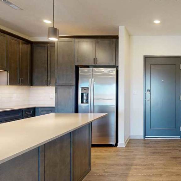 Thumbnail 14 of 21 A front entryway next to a modern kitchen with dark cabinets and stainless steel appliances.