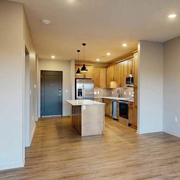 Thumbnail 14 of 26 an open concept living room next to a kitchen with tan wooden cabinets, quartz countertops, and stainless steel appliances