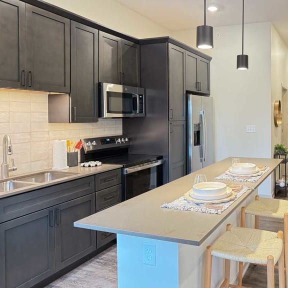 Thumbnail 13 of 20 a kitchen with dark cabinets, stainless steel appliances, a micro-island and quartz counter tops
