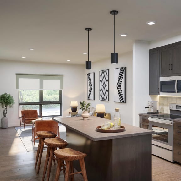 Thumbnail 2 of 3 rendering of large apartment kitchen with a center island and a dining room