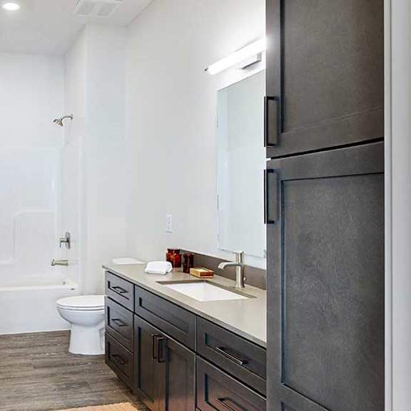 Thumbnail 24 of 26 a bathroom with a white shower tub and a dark cabinet vanity sink