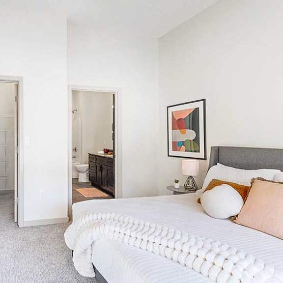 Thumbnail 20 of 26 a bedroom with modern furniture, a large walk-in closet, and attached bathroom