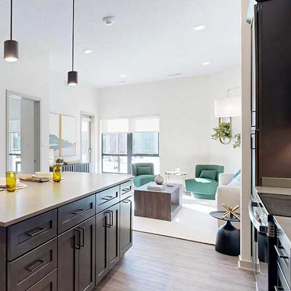 Thumbnail 8 of 23 A kitchen with dark wooden cabinets and a large island, in front of a spacious living room with floor-to-ceiling windows.
