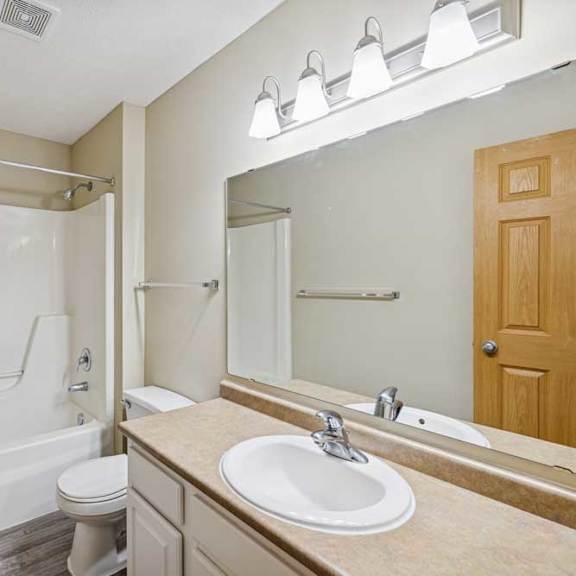 Thumbnail 48 of 54 A bathroom with a toilet, sink, and mirror.