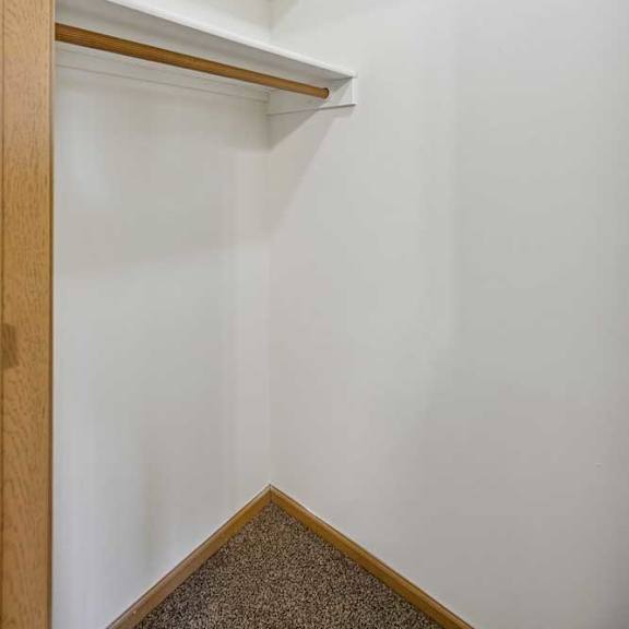 Thumbnail 47 of 54 A white closet with a brown carpet and a wooden door.