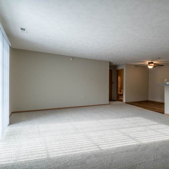 Thumbnail 18 of 22 A living room with a carpeted floor and a patio door letting in sunlight.