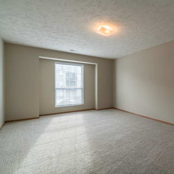 Thumbnail 19 of 22 A bedroom with a carpeted floor and a window with blinds.