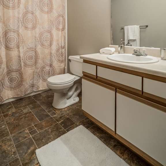 Thumbnail 21 of 22 A bathroom with a toilet, sink, and shower curtain.