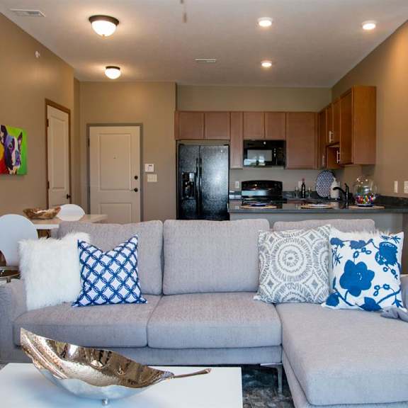 Thumbnail 8 of 14 Living room with open floorplan at The Flats at 84 in southeast Lincoln NE 68516