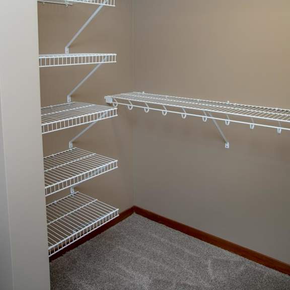 Thumbnail 13 of 15 Empty shelves in a closet with a carpeted floor.
