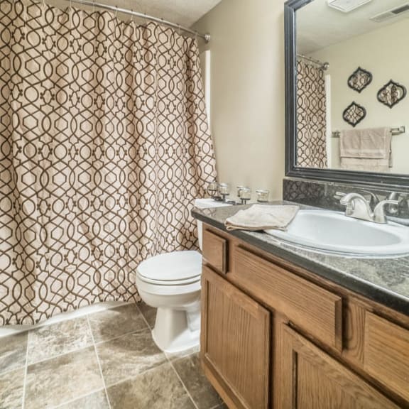 Thumbnail 10 of 15 renovated bathroom with granite countertops and a tub shower