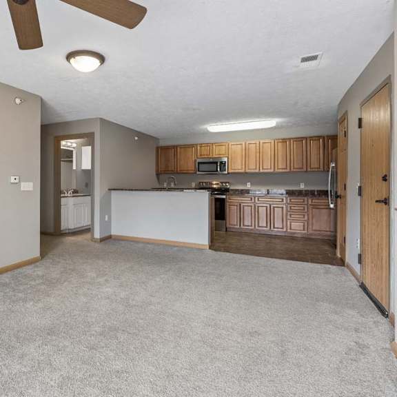Thumbnail 10 of 19 Open living area with carpeted floors, ceiling fan, breakfast bar, and adjacent kitchen.
