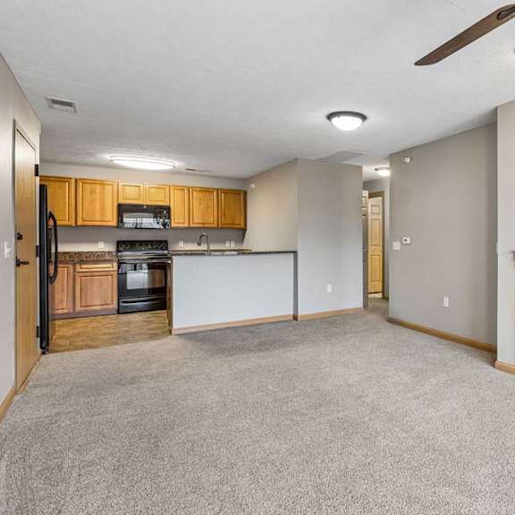 Thumbnail 17 of 26 Open-concept apartment living room with carpet, a corner fireplace, ceiling fan, and breakfast bar overlooking a kitchen with wood cabinets and black appliances.