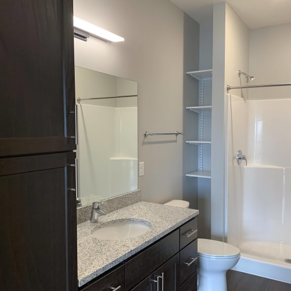 Thumbnail 14 of 15 Bathroom with dark brown cabinets in the mocha finish at Haven at Uptown