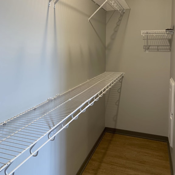 Thumbnail 9 of 11 Large empty walk in closet with upper and lower wire racks for clothing storage
