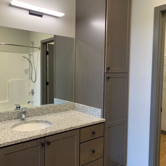 Thumbnail 11 of 13 spacious bathroom with large mirror in light gray finish at Haven at Uptown in Lincoln, Nebraska