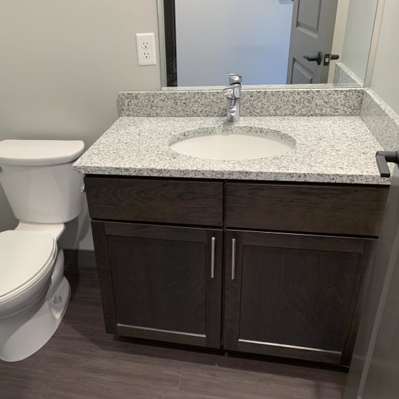 Thumbnail 11 of 18 Bathroom with dark brown vanity and large mirror