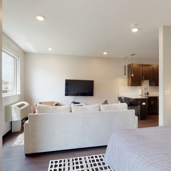Thumbnail 7 of 23 a studio apartment with a bed and a couch in front of a tv