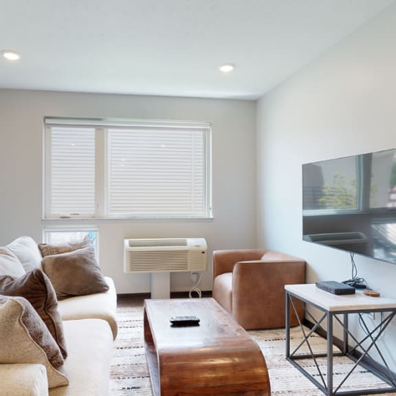Thumbnail 5 of 23 a living room with a couch and a coffee table in front of a tv