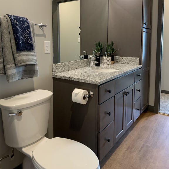 Thumbnail 8 of 19 Large vanity and linen storage in the Bliss floor plan in Slate finish at Haven at Uptown in Lincoln.