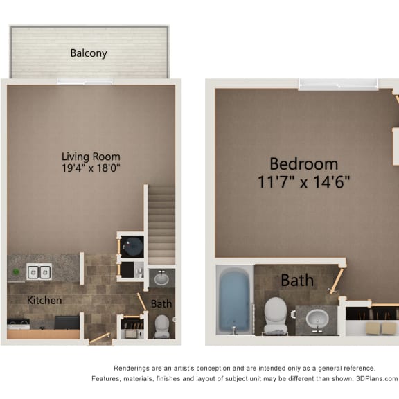 Thumbnail 1 of 3 Cedar multilevel, one bedroom floorplan at highland view apartments
