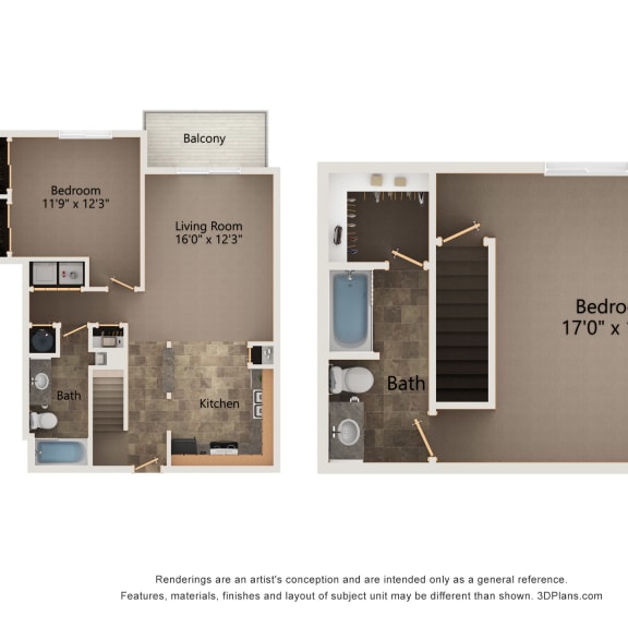 Thumbnail 1 of 3 Evergreen multilevel two bedroom floorplan at highland view apartments