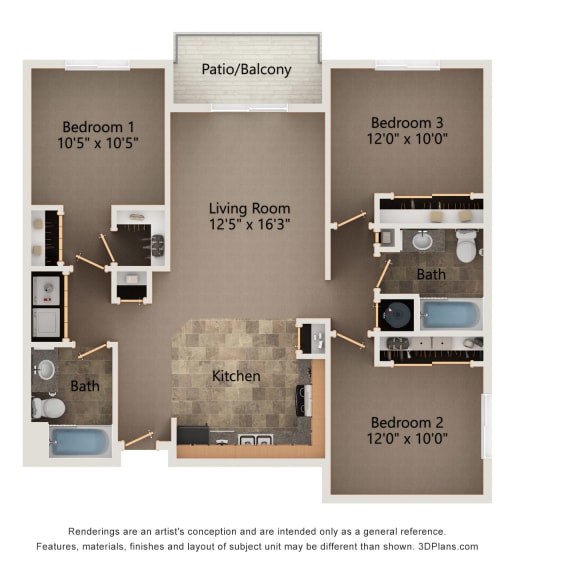 Thumbnail 1 of 11 Aspen three bedroom floorplan at Highland View Apartments