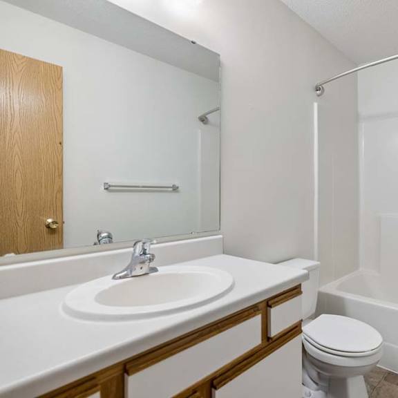 Thumbnail 35 of 37 Bright apartment bathroom with a large vanity mirror, single sink, white tub and shower surround, and neutral finishes.