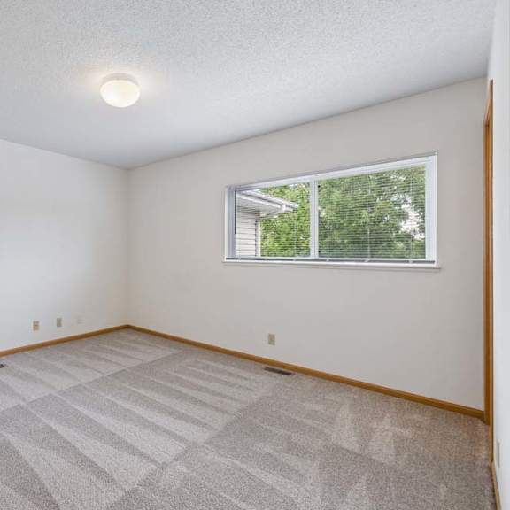 Thumbnail 32 of 37 Spacious carpeted bedroom with a wide window overlooking leafy trees, white walls, and ample open floor space.