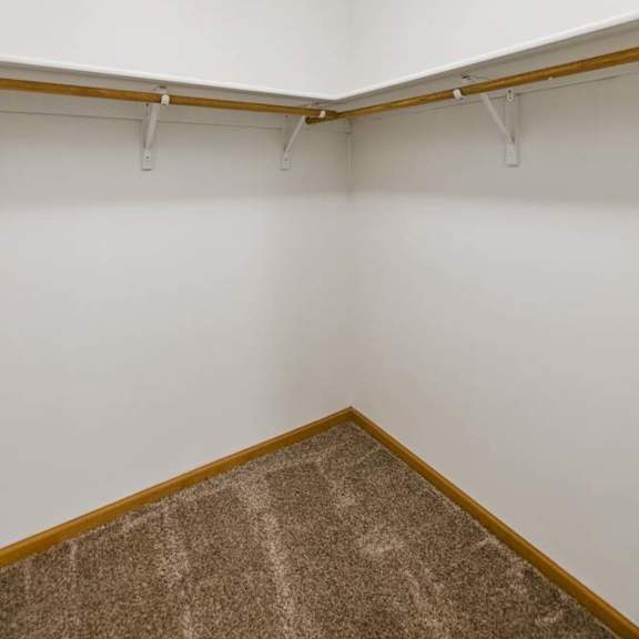 Thumbnail 14 of 18 Walk-in apartment closet with carpeted flooring, wraparound hanging rods, and ample storage space for clothing and organization.