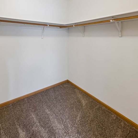 Thumbnail 18 of 23 Walk-in apartment closet with carpeted flooring, wraparound hanging rods, and ample storage space for clothing and organization.