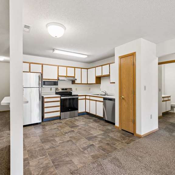 Thumbnail 12 of 23 Open-concept apartment with a kitchen featuring white and wood-tone cabinetry, stainless steel and black appliances, a pantry, and adjacent carpeted living and dining areas.